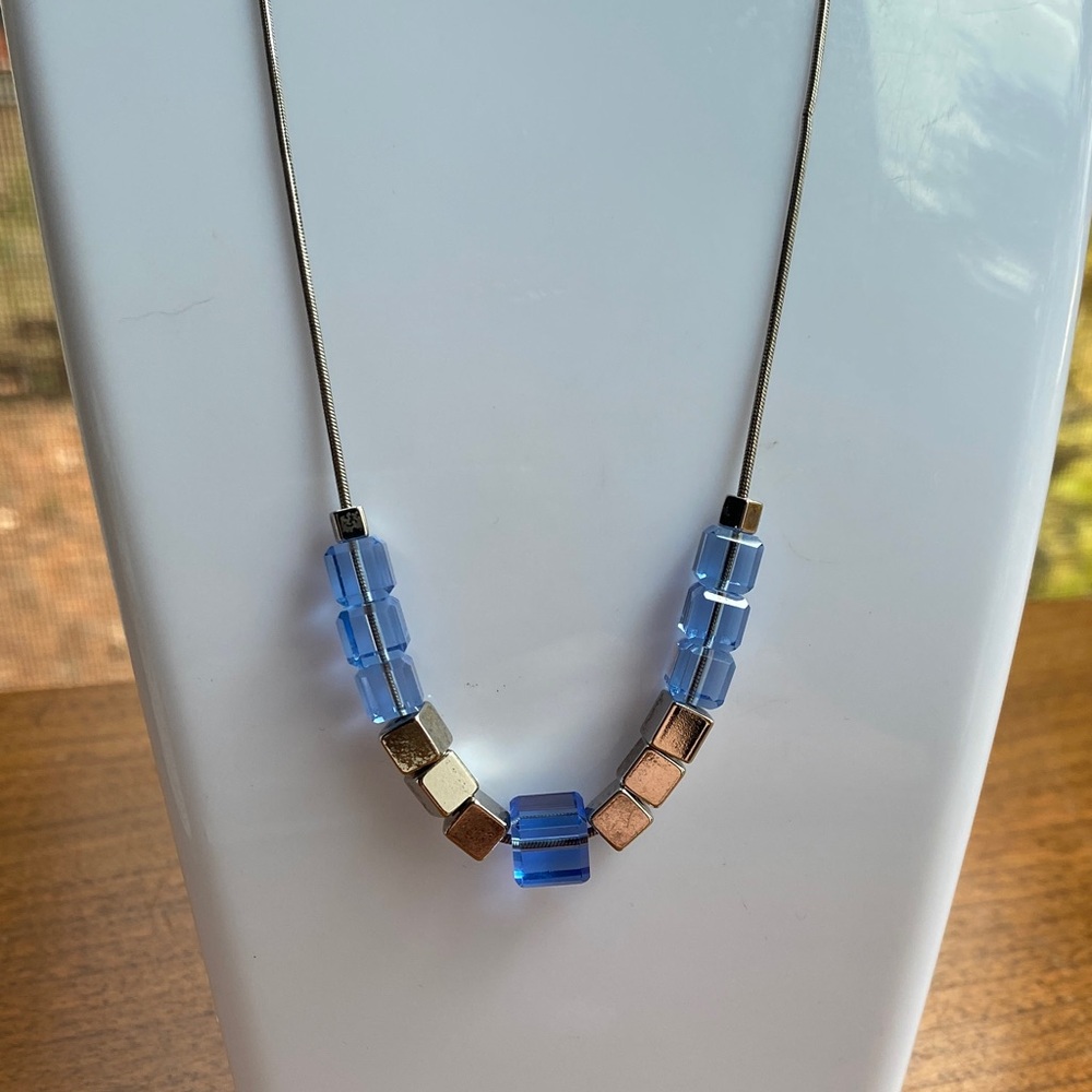 Square Blue and Gold contemporary understated Necklace